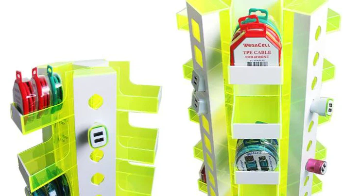 Mobile phone accessories display stand with storage tray Rotating mobile phone accessories display with car charger engraving hole Mobile phone accessories display stand with storage tray Rotating mobile phone accessories display with car charger engraving hole